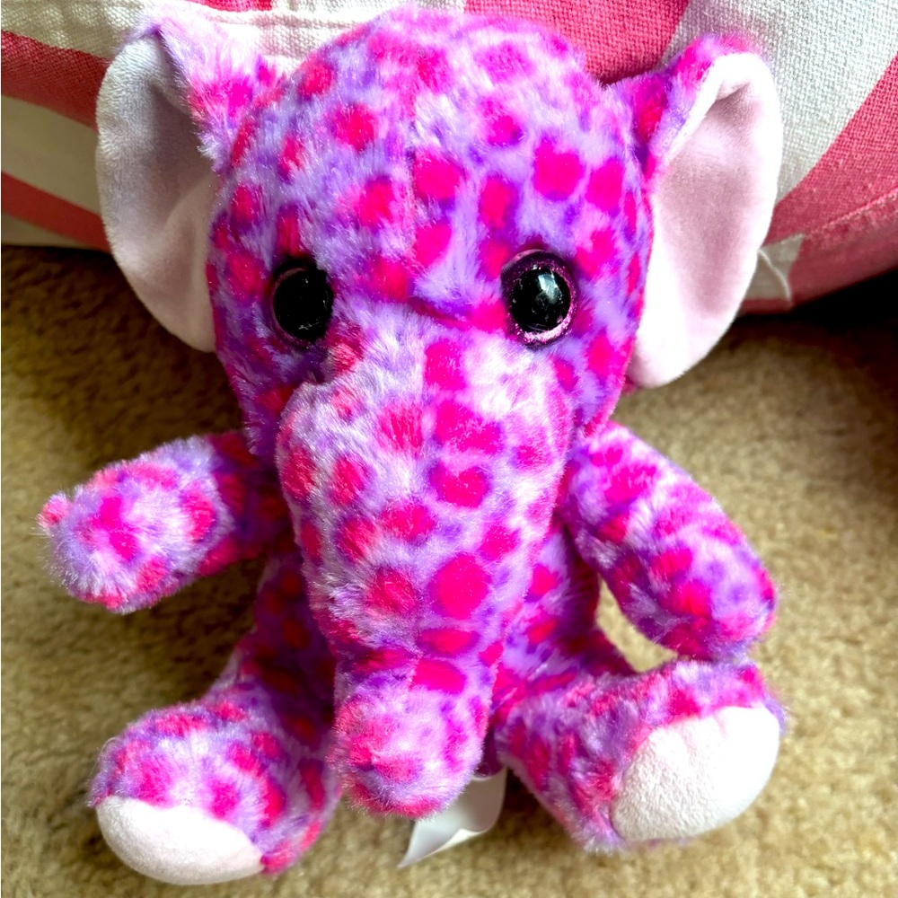 Elephant, plushy, pink, and purple.